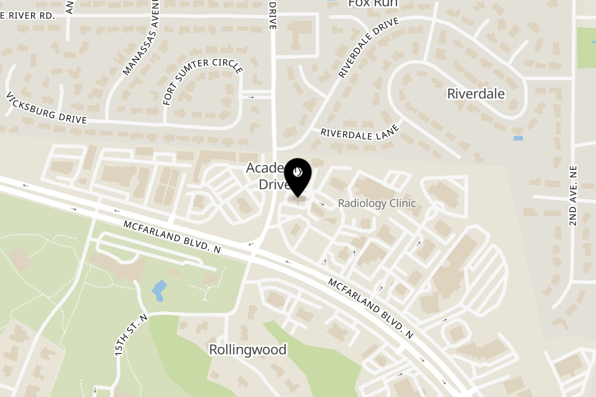 Map showing the location of TuscNY Pizza on 229 McFarland Cir N in Tuscaloosa
